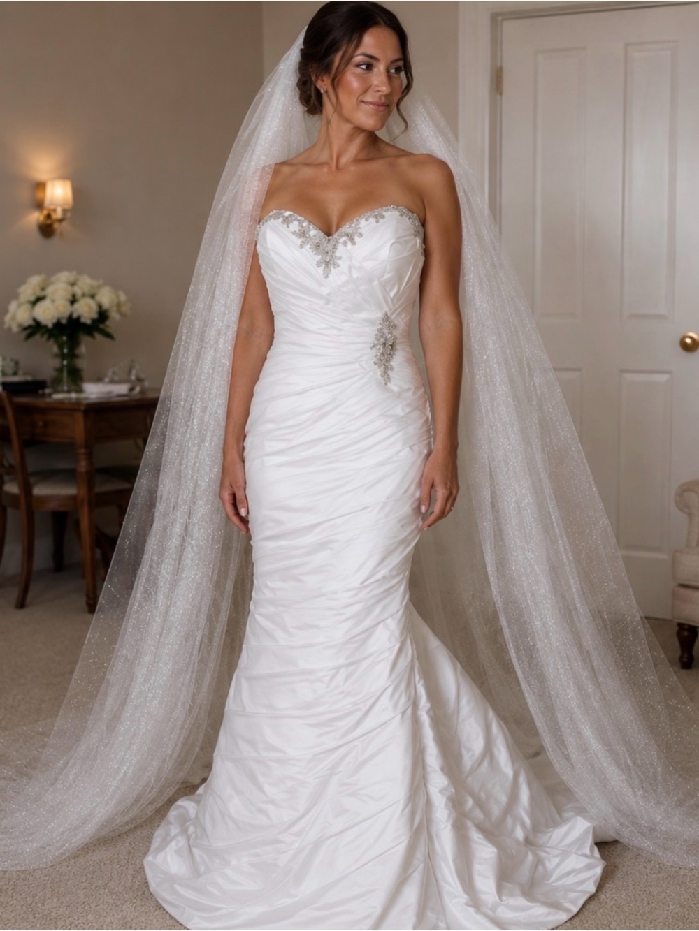 Delianne Strapless White Beaded A-Line Wedding Gown